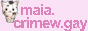 A cute kitty next to the text maia.crimew.gay in dark pink over light pink background