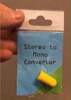 A single ear plug in a small plastic bag with the text 'QvasiTech' and the text 'Stereo to Mono Converter' written on the bag. (the text is in OCR-A, do whatever the hell you want with this information)