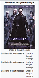 A Wikipedia-style infobox for the movie Matrix but every text is replaced by 'Unable to decrypt message'